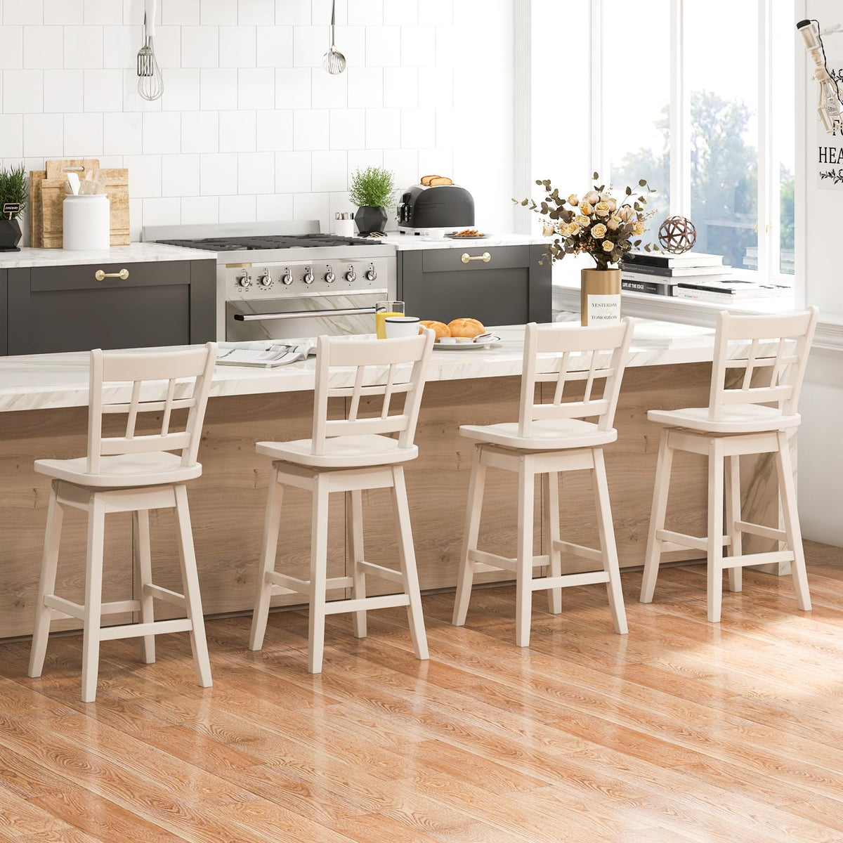 Goflame Bar Stools, Farmhouse Swivel Barstools with 6-Grid Hollow Back & Ergonomic Contoured Seat