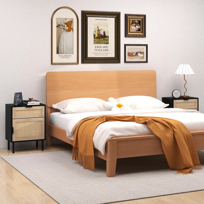 Goflame Rattan Nightstand Set of 2, Mid Century Modern End Table with Drawer & Cabinet, Sofa Side Table with Sturdy Metal Legs