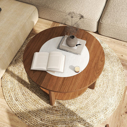 Goflame 2-Tier Round Farmhouse Living Room Coffee Table with 2-Tone Tabletop