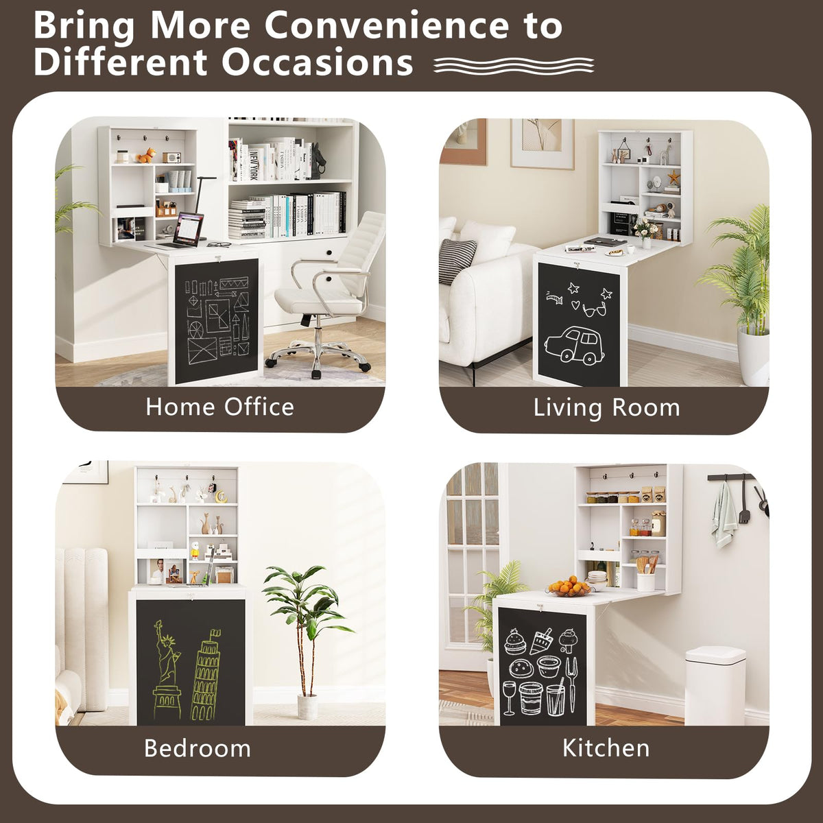Goflame Foldable Wall Mounted Desk with Storage Shelves Hooks & Chalkboard