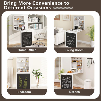 Goflame Foldable Wall Mounted Desk with Storage Shelves Hooks & Chalkboard