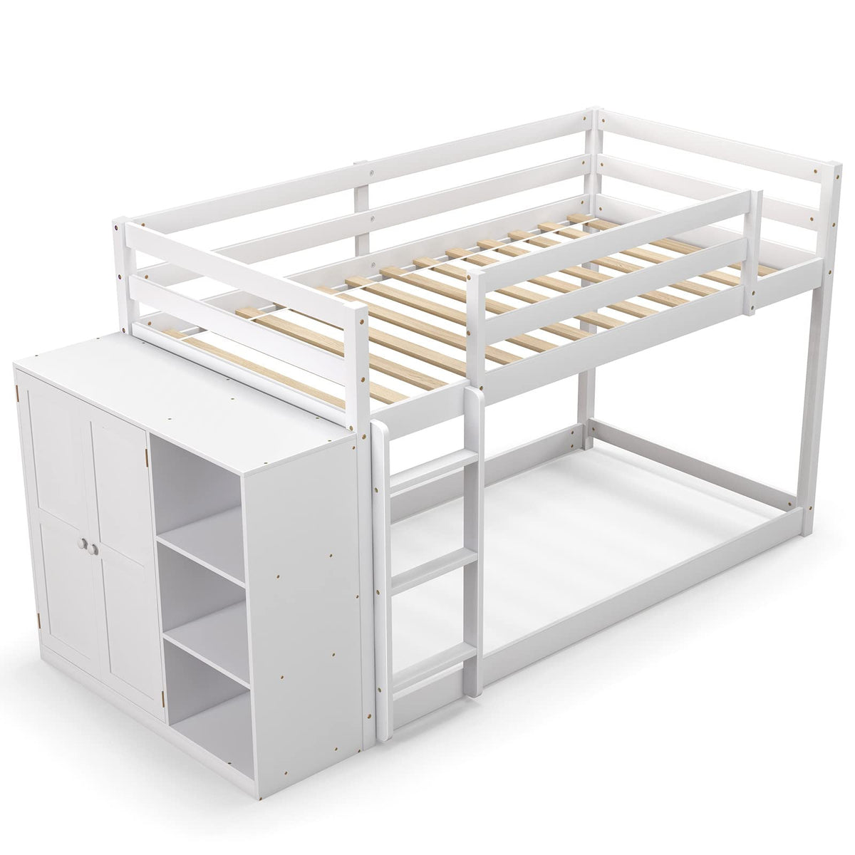 Goflame Twin Over Twin Bunk Bed with Storage Shelves, Solid Wood Bunk Bed Frame with Convertible Bookcase & Ladder, White