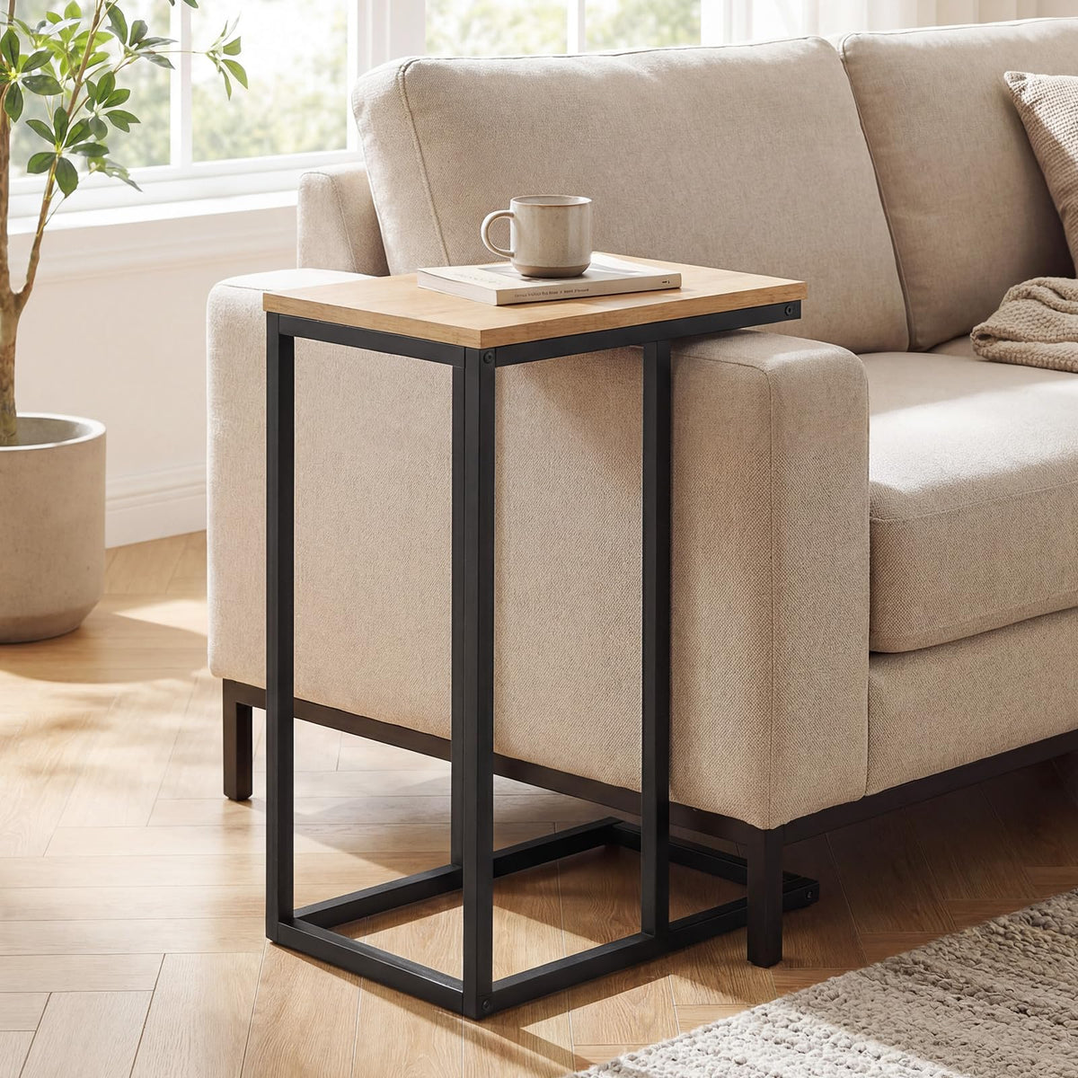 Goflame Small Sofa Couch Side Table That Slide Under with Metal Frame & Spacious Tabletop