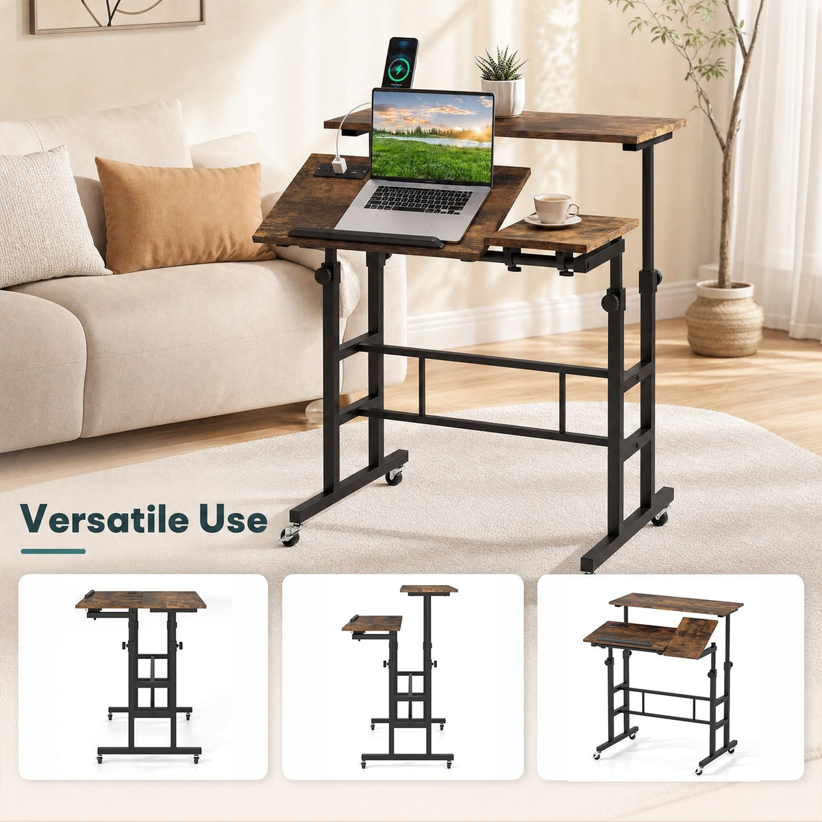 GOFLAME Small Height Adjustable Standing Desk with Wheels