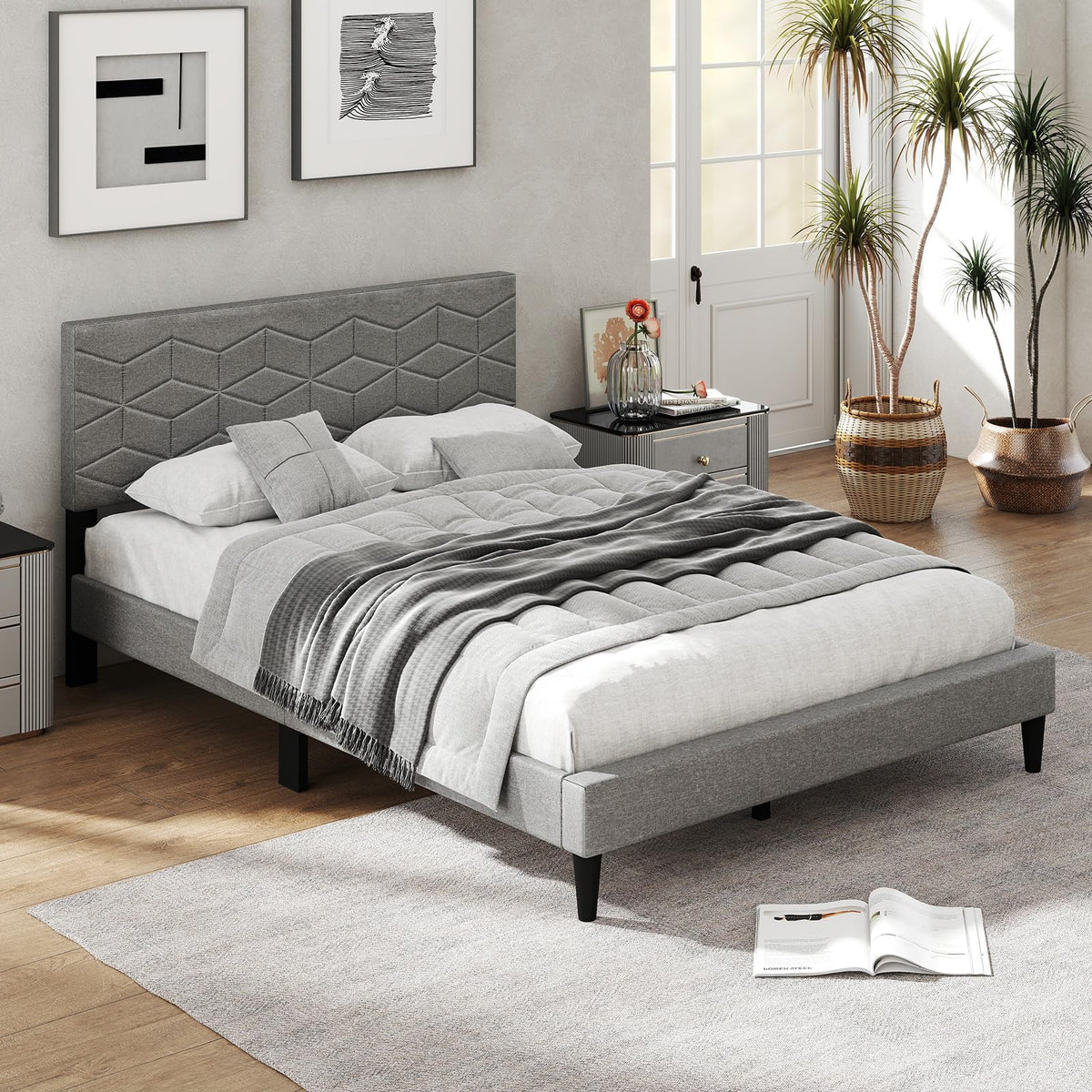Goflame Queen/Full/Twin Size Upholstered Bed Frame Modern Platform Bed with Linen Fabric Geometric Headboard