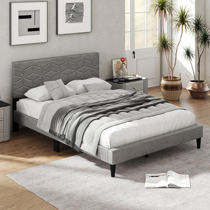 Goflame Queen/Full/Twin Size Upholstered Bed Frame Modern Platform Bed with Linen Fabric Geometric Headboard
