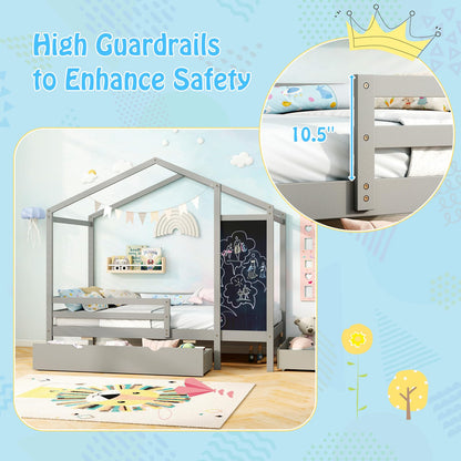 Goflame Twin Bed with 2 Storage Drawers, Solid Wood House Bed with Blackboard & Safety Guardrails
