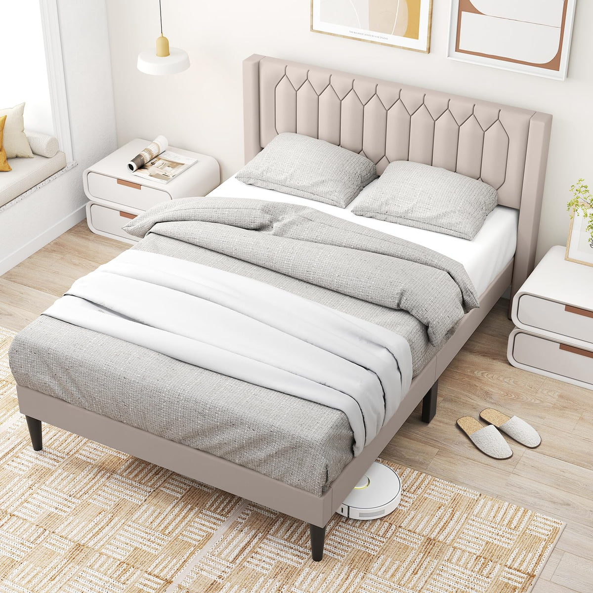 Goflame Queen Size Dutch Velvet/Linen Fabric Upholstered Platform Bed with Wingback Headboard and Wooden Slat Support