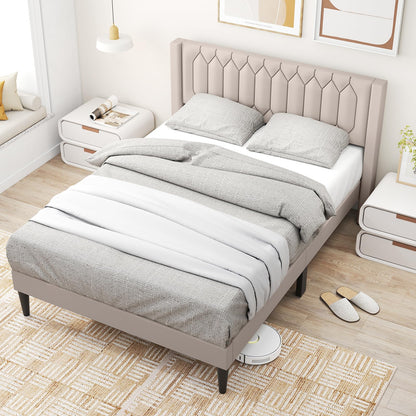 Goflame Queen Size Dutch Velvet/Linen Fabric Upholstered Platform Bed with Wingback Headboard and Wooden Slat Support