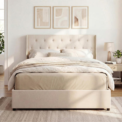 Goflame Modern Linen Upholstered Platform w/Button Tufted Wingback Headboard & Hydraulic Support