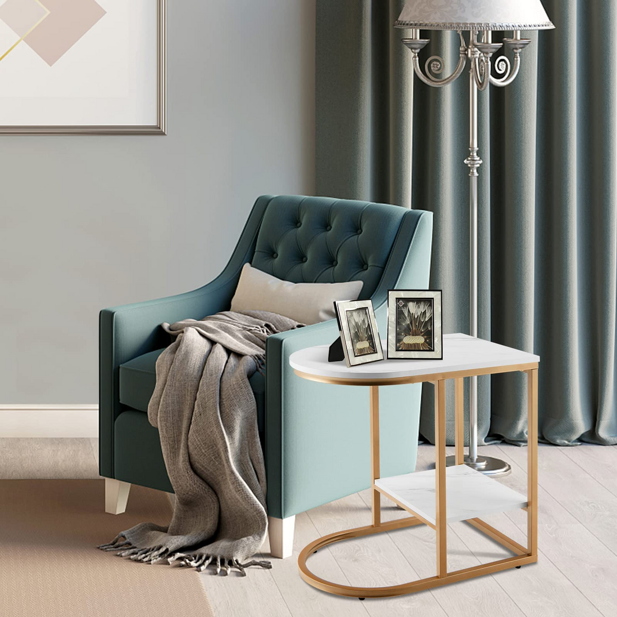 Goflame Side Table, 2-Tier C-Shaped End Table