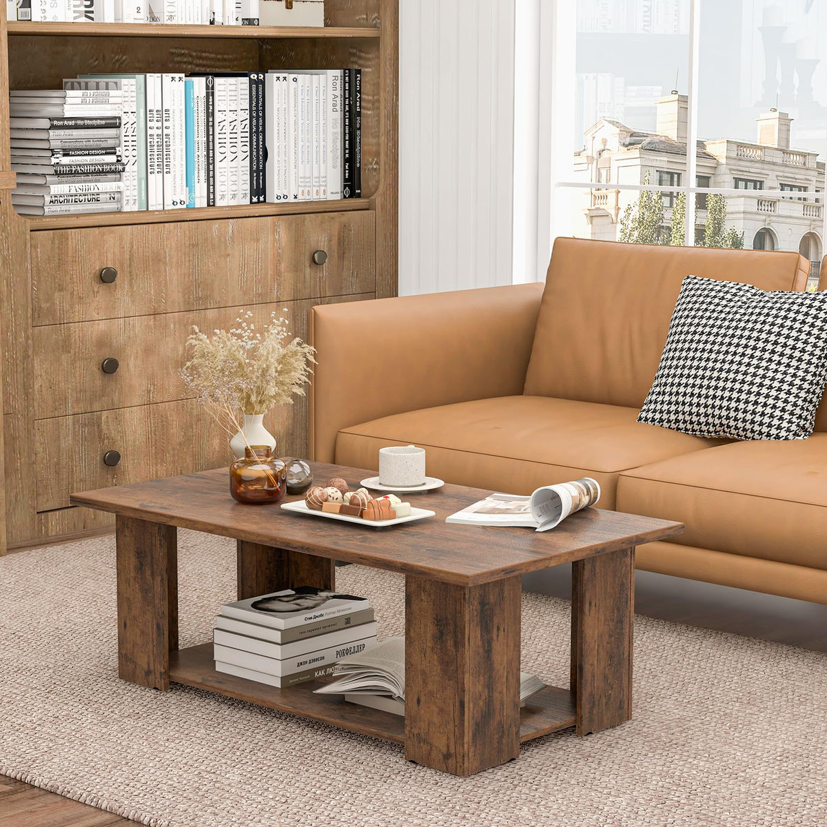 Goflame Rectangle Wood Center Table, 41" L 2-Tier Large Modern Tea Table w/Open Compartment