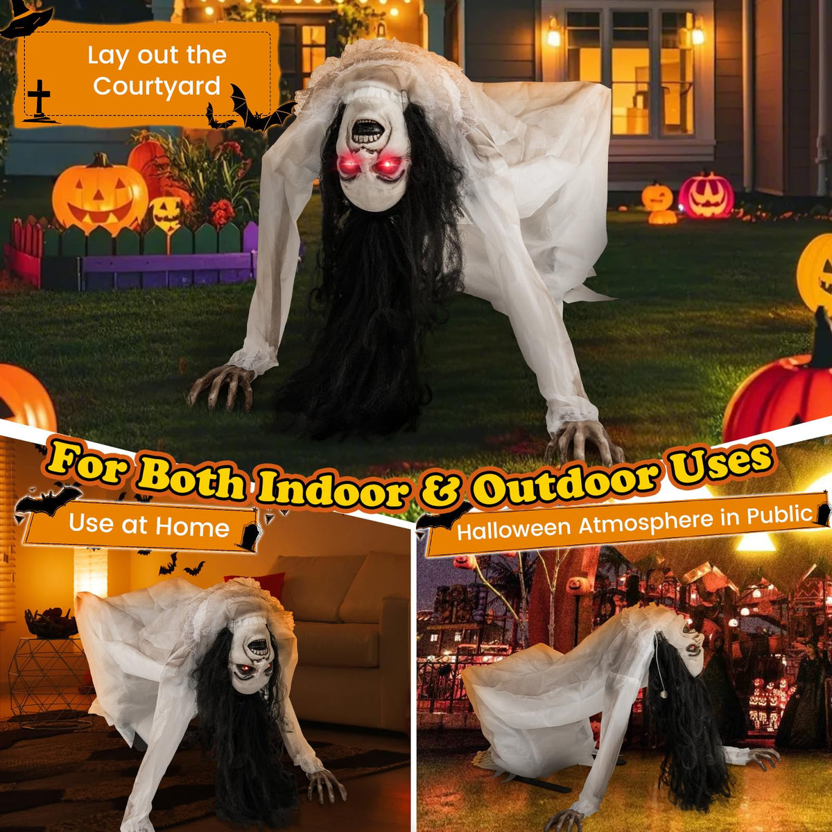 Lighted and Animated Halloween Decoration, Animatronic Crawling Woman w/ LED Eyes, Indoor Outdoor Halloween Ghost