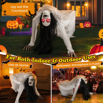 Lighted and Animated Halloween Decoration, Animatronic Crawling Woman w/ LED Eyes, Indoor Outdoor Halloween Ghost