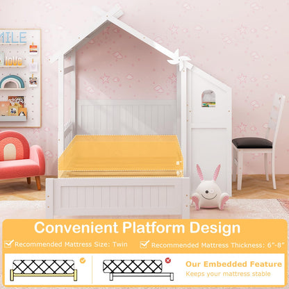 Goflame Twin House Bed with Desk & Chair, Wood Kids Playhouse Bed with 2 Drawers