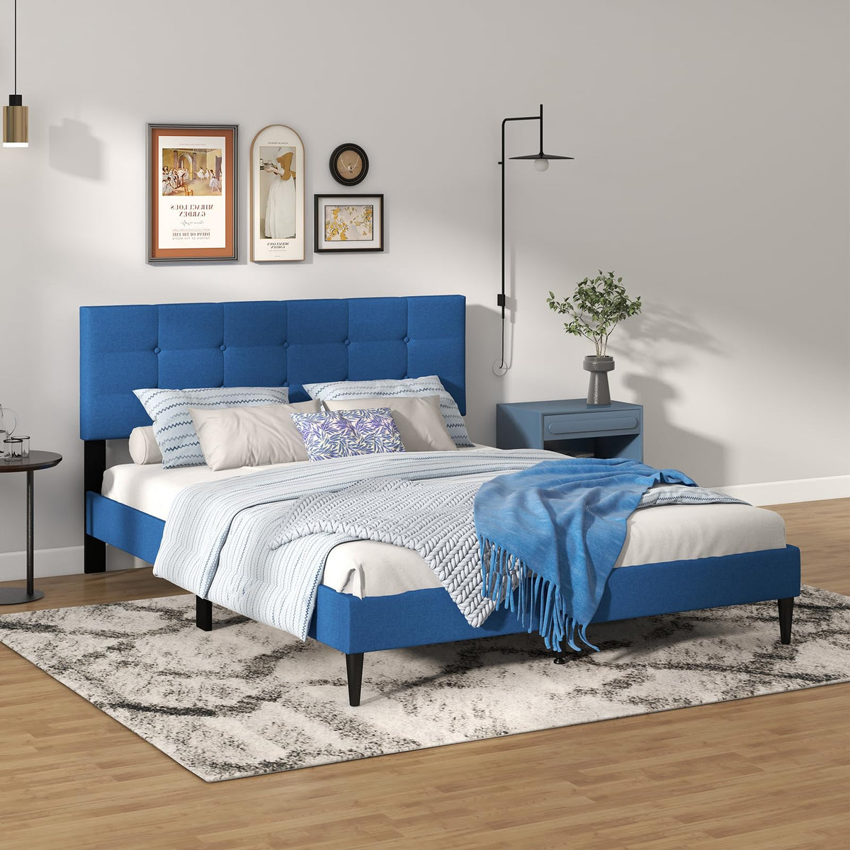 Goflame Queen/Twin Size Platform Bed Frame with Button Tufted Headboard and Wooden Slats