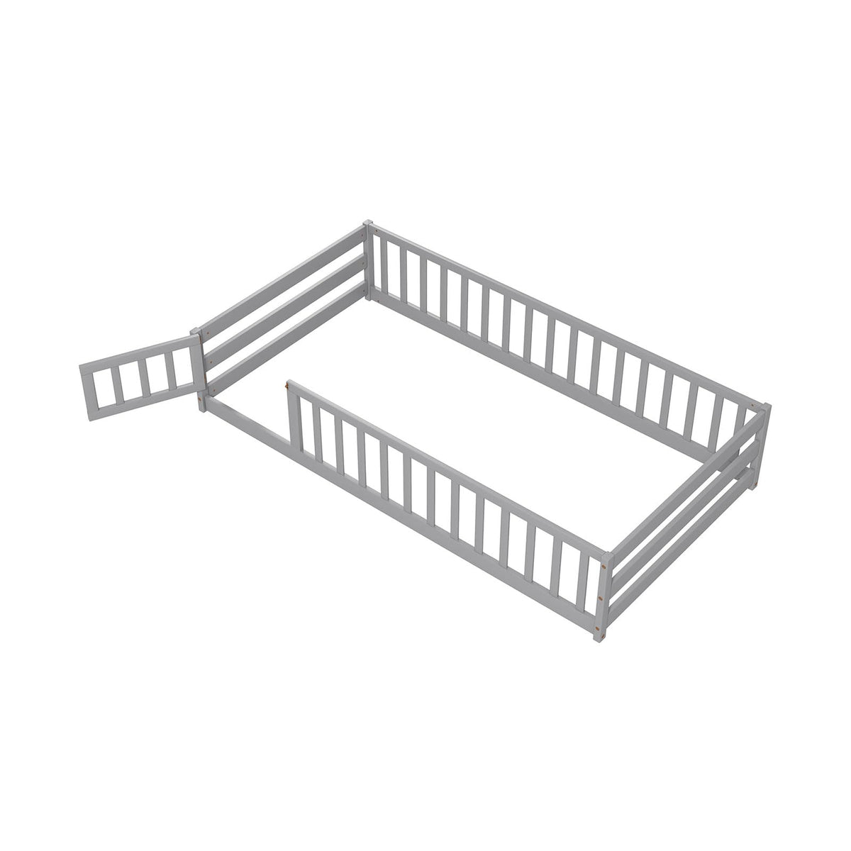 Goflame Twin Floor Bed with Door & Fence, Kids Wood Montessori Bed with Safety Guardrails
