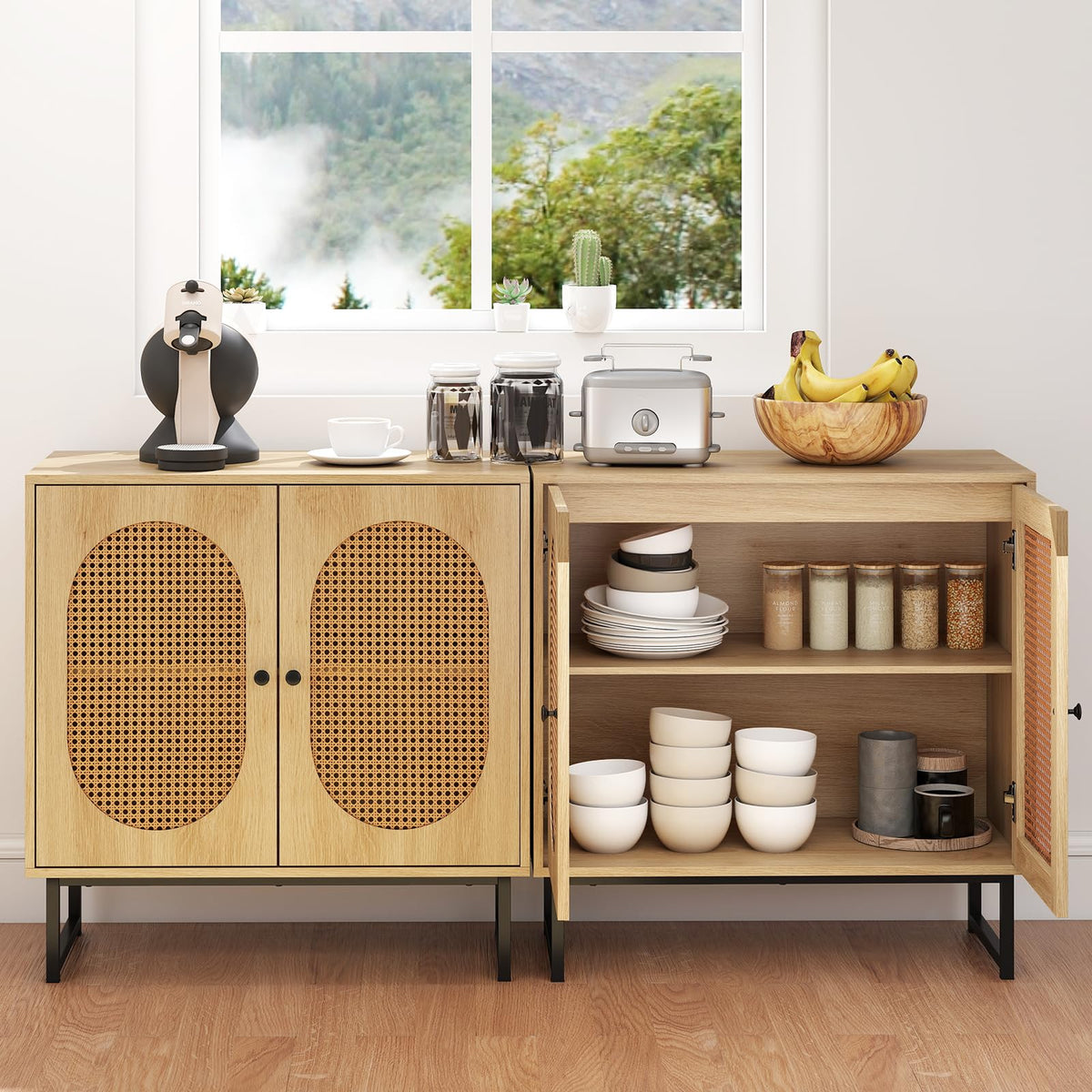 Goflame Small PE Rattan Buffet Cabinet with 2-Door Boho Sideboard