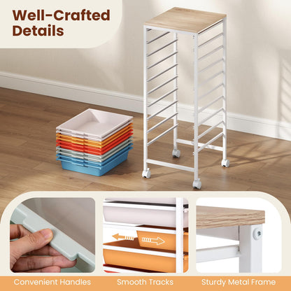 Goflame 10-Drawer Rolling Storage Cart Mobile Utility Organizer with Wooden Tabletop and Lockable Wheels
