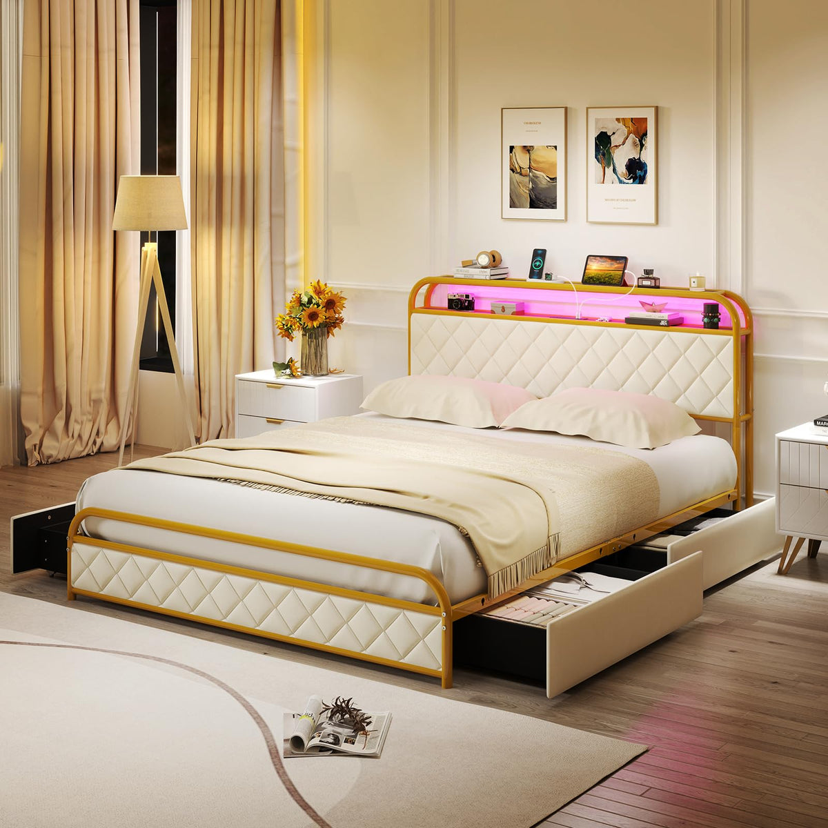 Goflame Queen/Full/Twin Size Bed Frame with 4 Storage Drawers and Charging Station