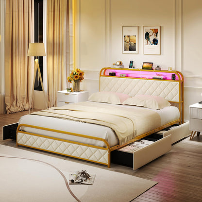 Goflame Queen/Full/Twin Size Bed Frame with 4 Storage Drawers and Charging Station