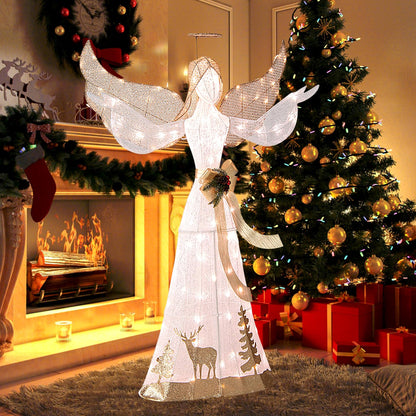 Goflame Pre-lit 3D Glittered Angel with 100 Warm White Lights Halo Bow Ground Stakes