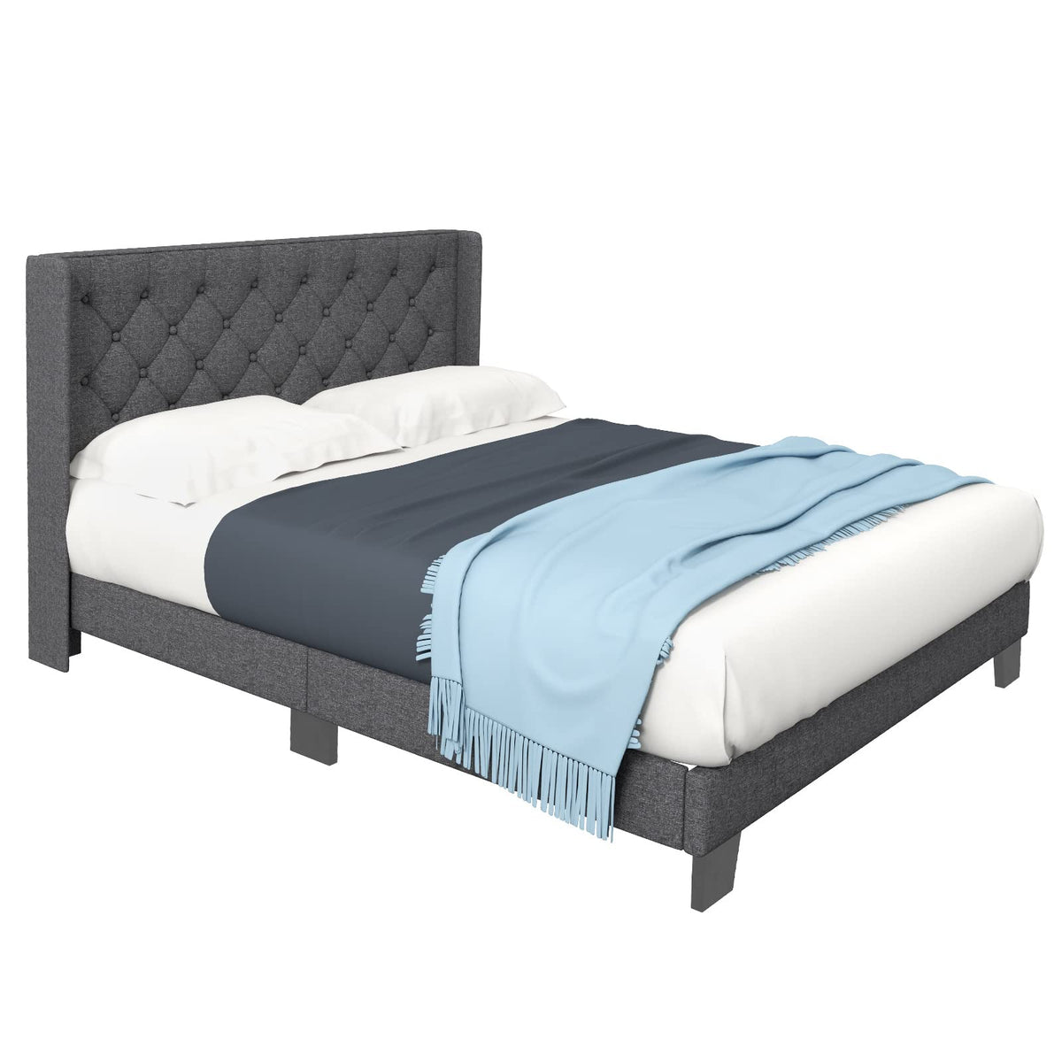 Goflame Queen/Full/Twin Size Bed Frame with Button Tufted Headboard, Modern Fabric Upholstered Platform Bed with Wingback Design, Grey