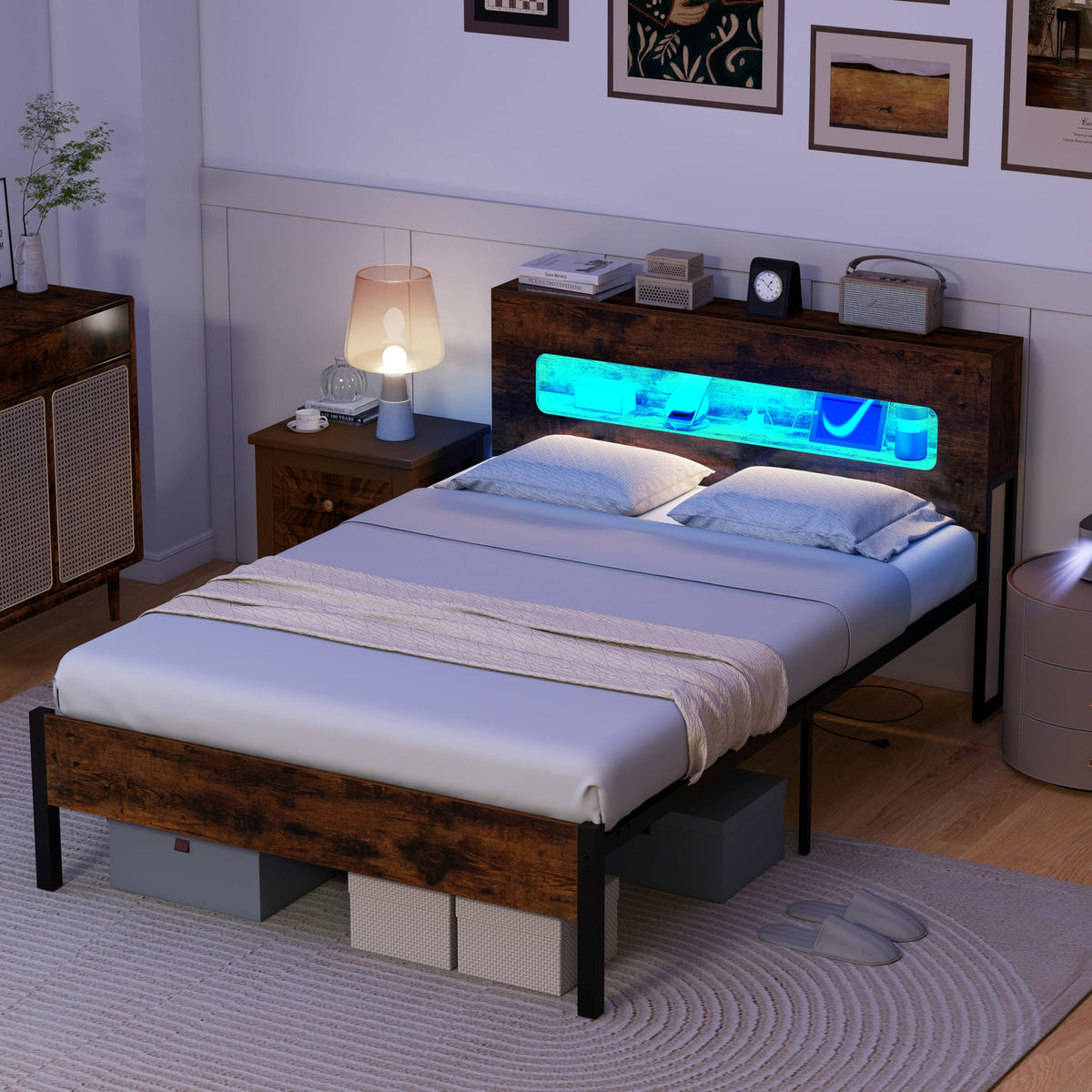 Goflame Full Size Bed Frame with LED Lights & Charging Station