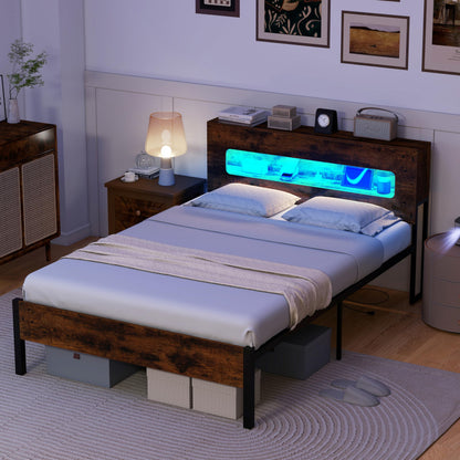 Goflame Full Size Bed Frame with LED Lights & Charging Station