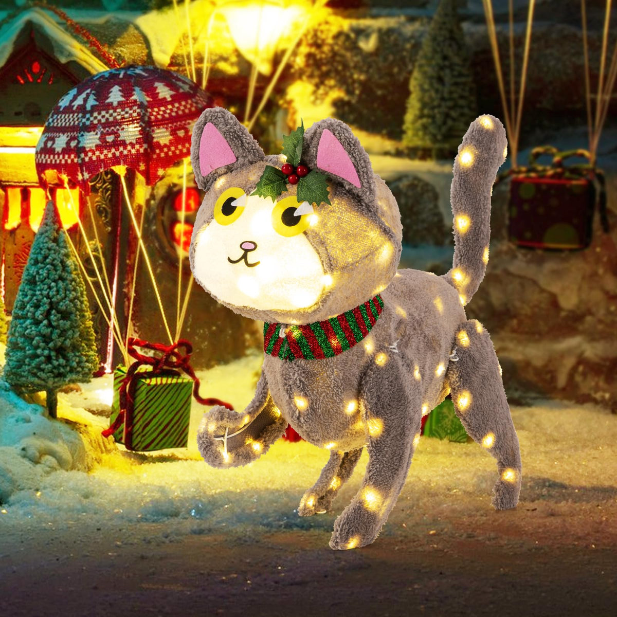 Goflame Lighted Christmas Cat, Indoor Outdoor Kitty Decoration w/ 88 LED Lights
