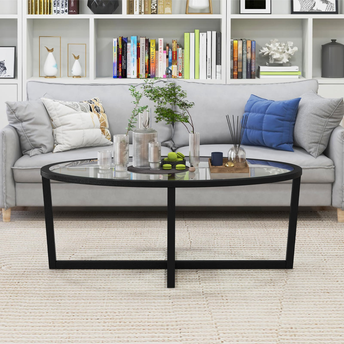Goflame Glass Coffee Table, 46.5" Oval Accent Sofa Tea Table with Tempered Glass Top, Cross Base & Acacia Wood Legs