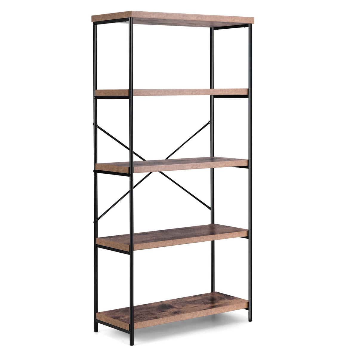 Goflame Industrial 5-Tier Wood Bookshelf - 63’’ Tall Open Storage Organizer Shelves with Anti-Tipping Device and Foot Pads