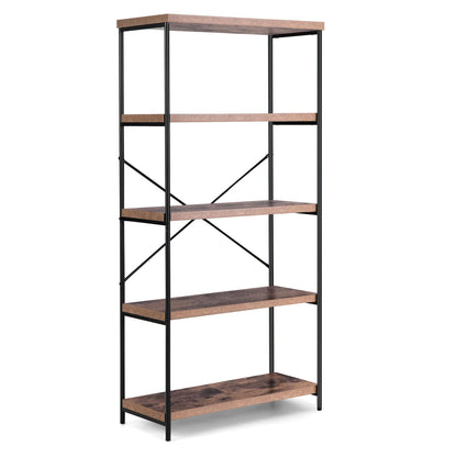 Goflame Industrial 5-Tier Wood Bookshelf - 63’’ Tall Open Storage Organizer Shelves with Anti-Tipping Device and Foot Pads