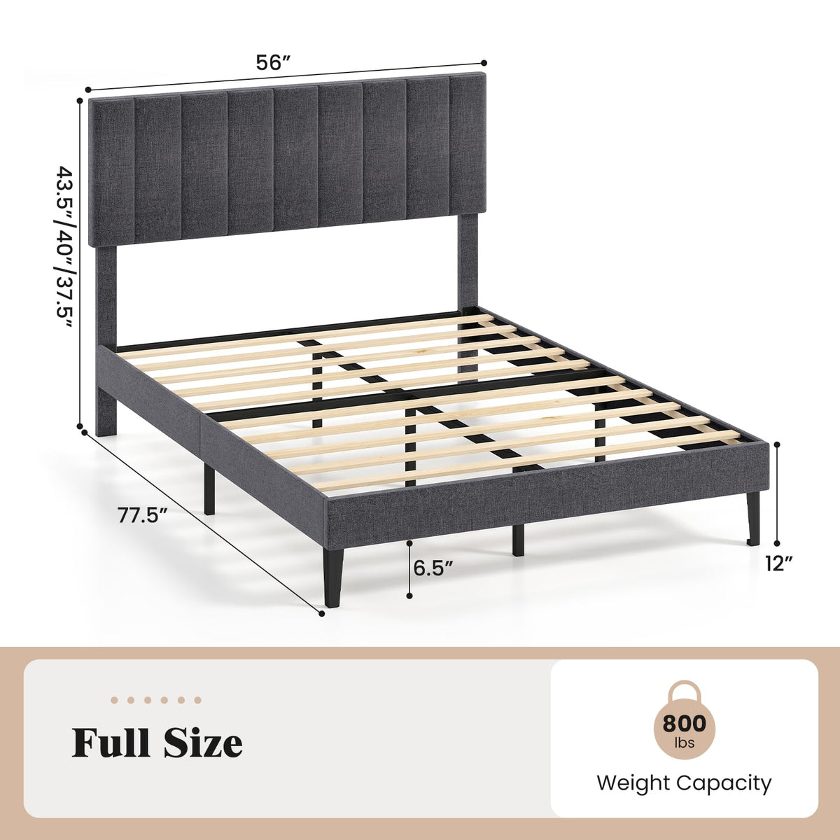 Goflame Queen/Full/Twin Size Upholstered Bed Frame Platform Bed with Height Adjustable Vertical Channel Headboard