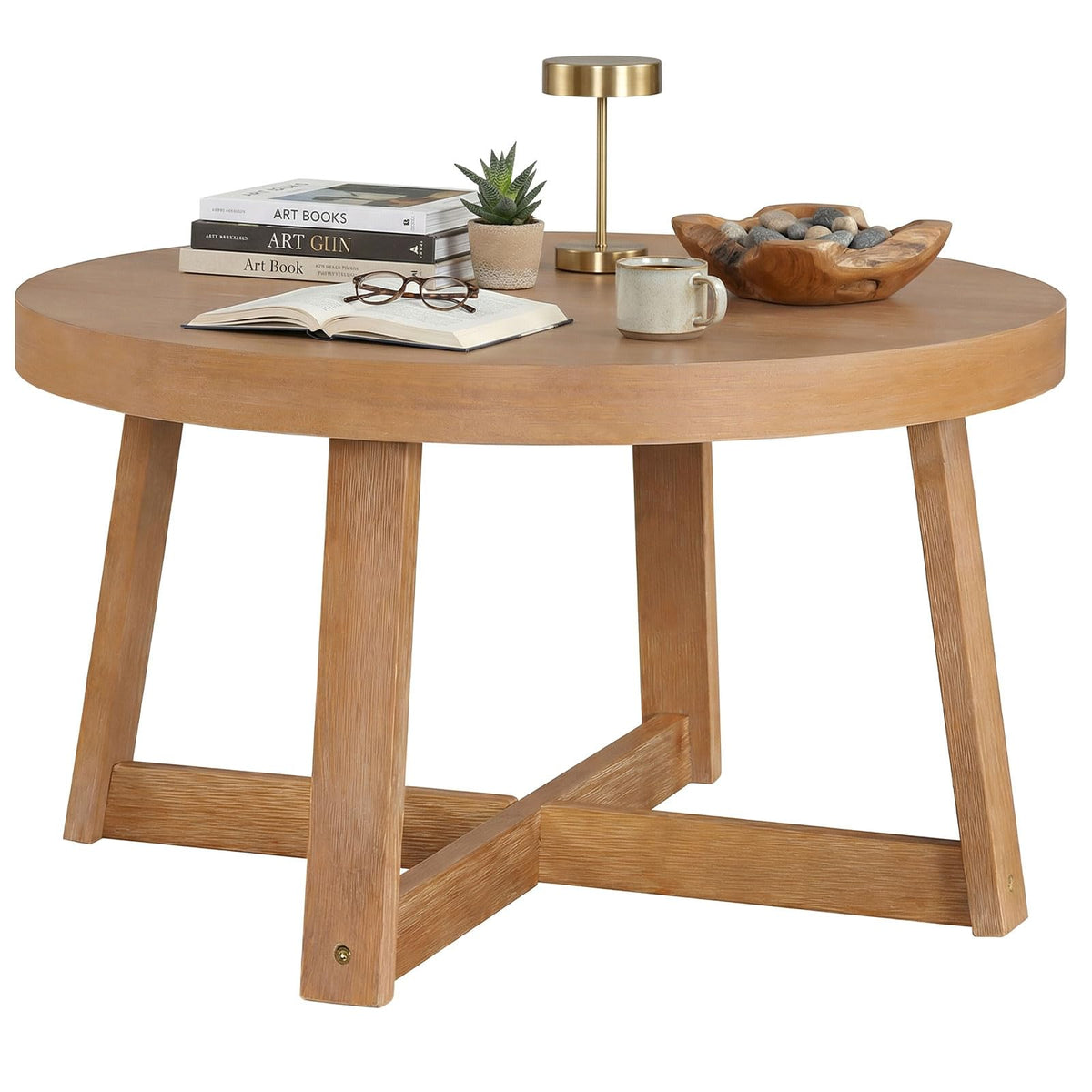 Goflame 30" Wood Center Table with Thickened Tabletop & Cross-Shaped Pine Wood Frame