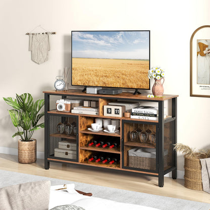 Goflame Coffee Bar Cabinet for Liquor and Glasses, 55” Buffet Sideboard with 8-Bottle Wine Racks, 6 Rows of Wine Glass Holders