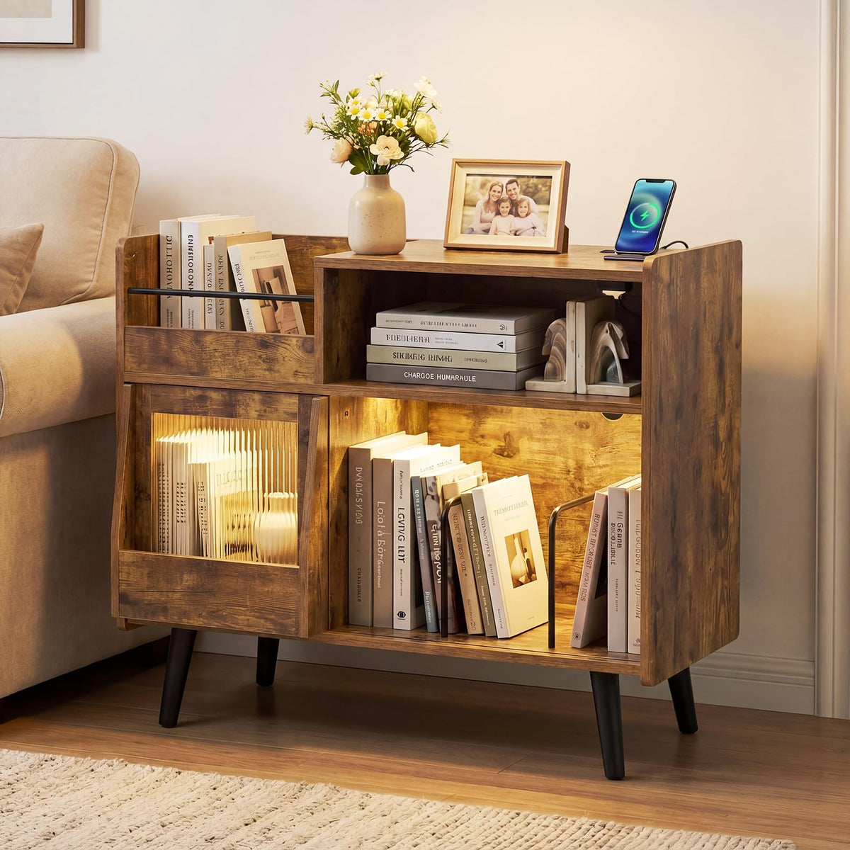 Goflame Large Record Player Stand with LED Light& Sliding Door