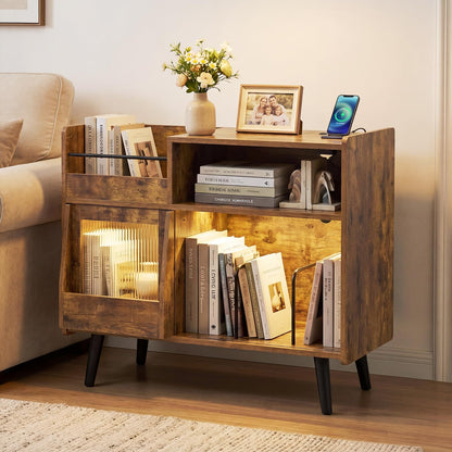 Goflame Large Record Player Stand with LED Light& Sliding Door