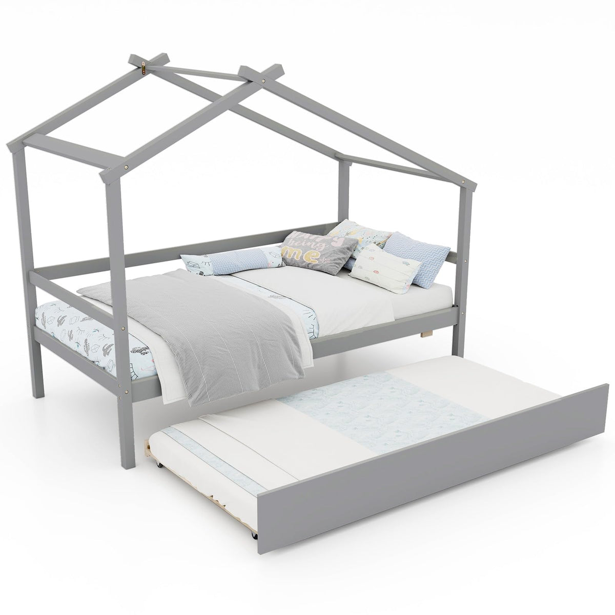 Goflame Wood House Bed for Kids, Twin Bed Frame with Trundle Bed Twin