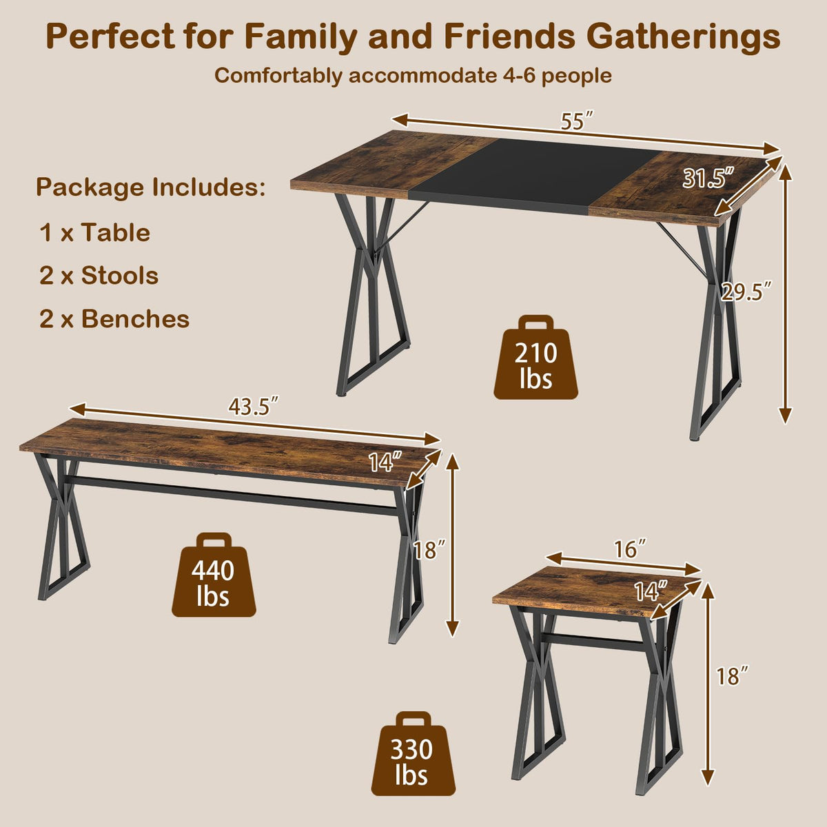 Goflame 55" Kitchen Table with 2 Benches & 2 Stools with X-Shaped Metal Frame