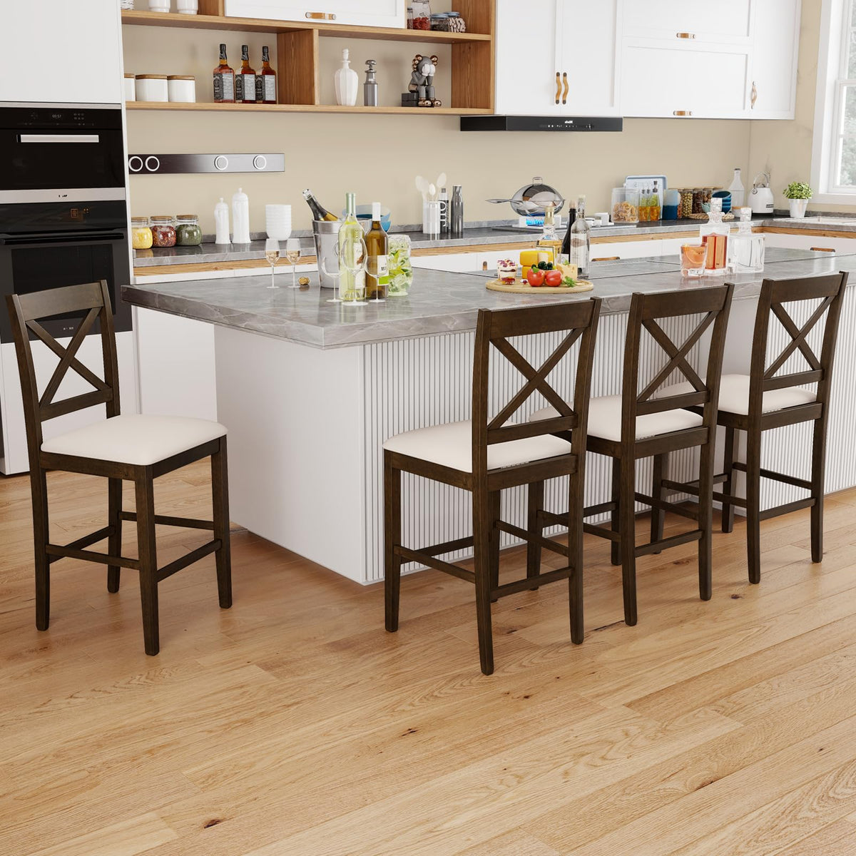 Goflame 24" Farmhouse Bar Stools | Cross Back Counter Height Chairs with Padded Linen Upholstered Seat (2/4)