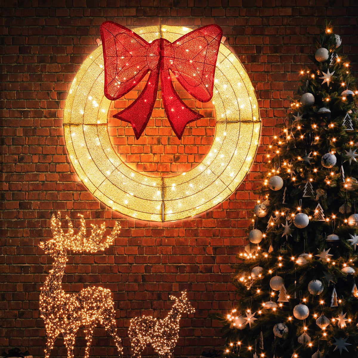 Goflame 48 Inch Pre-Lit Christmas Wreath, Indoor/Outdoor Xmas Decoration with 200 LED Lights