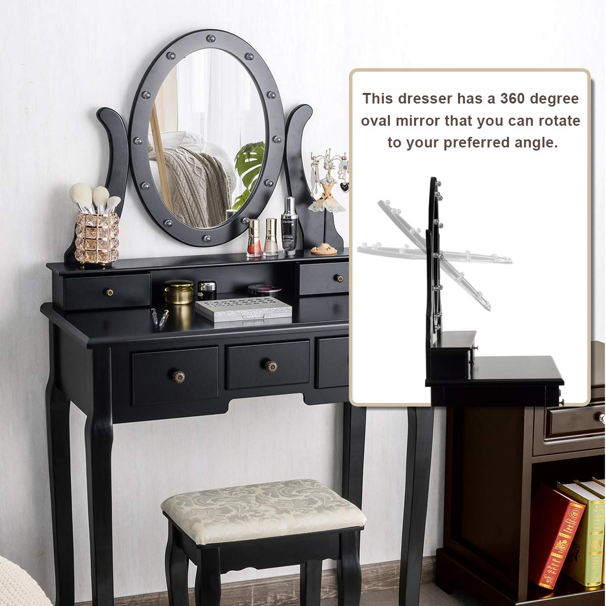 Vanity Set with 360° Rotating Oval Makeup Mirror, Dressing Table & Cushioned Stool Set with 5 Sliding Drawers & 12 LED Lights
