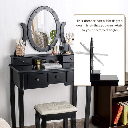 Vanity Set with 360° Rotating Oval Makeup Mirror, Dressing Table & Cushioned Stool Set with 5 Sliding Drawers & 12 LED Lights