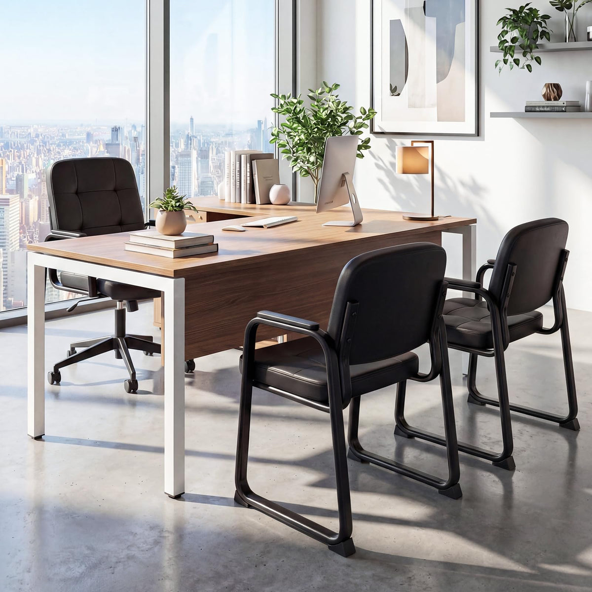 Goflame Waiting Room Leather Office Reception Chairs with Padded Armrests