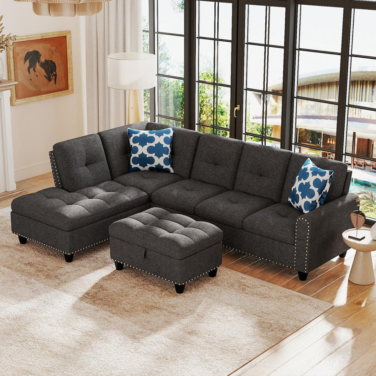 Goflame 98 Inches Sectional Sofa Couch with Movable Storage Ottoman and Linen Fabric Backs