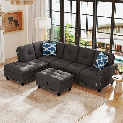 Goflame 98 Inches Sectional Sofa Couch with Movable Storage Ottoman and Linen Fabric Backs