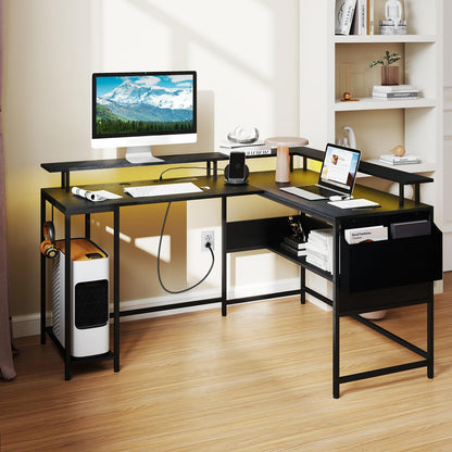 Goflame L Shaped Desk with LED Light & Power Outlets Ergonomic Home Office Desk