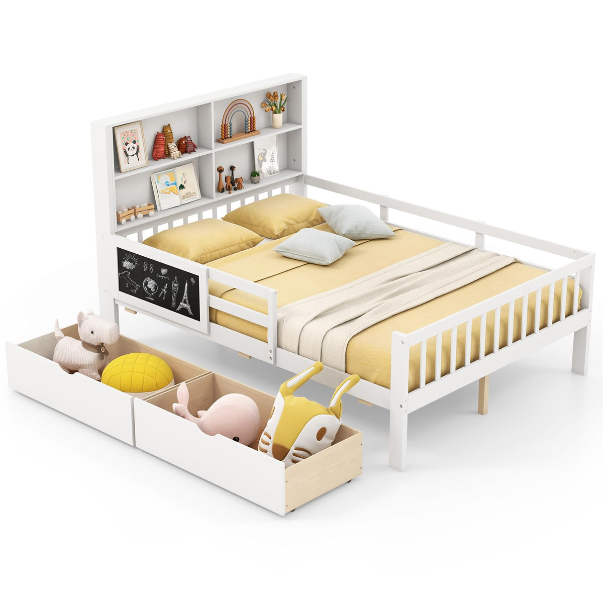 Goflame Full/Twin Size 2 Storage Drawers, Solid Wood Kids Bed Frame w/Bookcase Headboard & Blackboard
