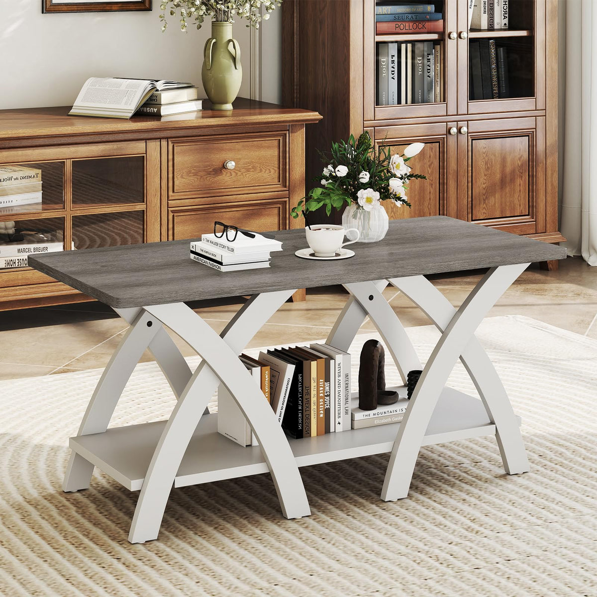 Goflame Farmhouse Coffee Table 2-Tier Wood Center Table with Storage Shelf & X-Shaped Support Legs